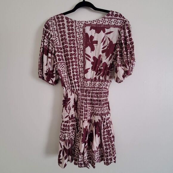 Olivaceous Smocked Elastic Waist Maroon Floral Boho Mini Dress Size S - Picture 5 of 11